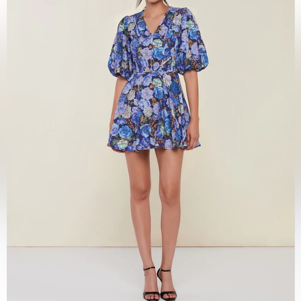 New Rachel Parcell vneck Blue Floral Puff-Sleeve women mini dress size 6
